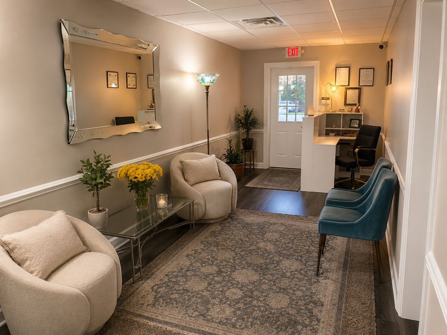 The studio's bright waiting area with soft chairs, fresh flowers, and a welcoming reception desk